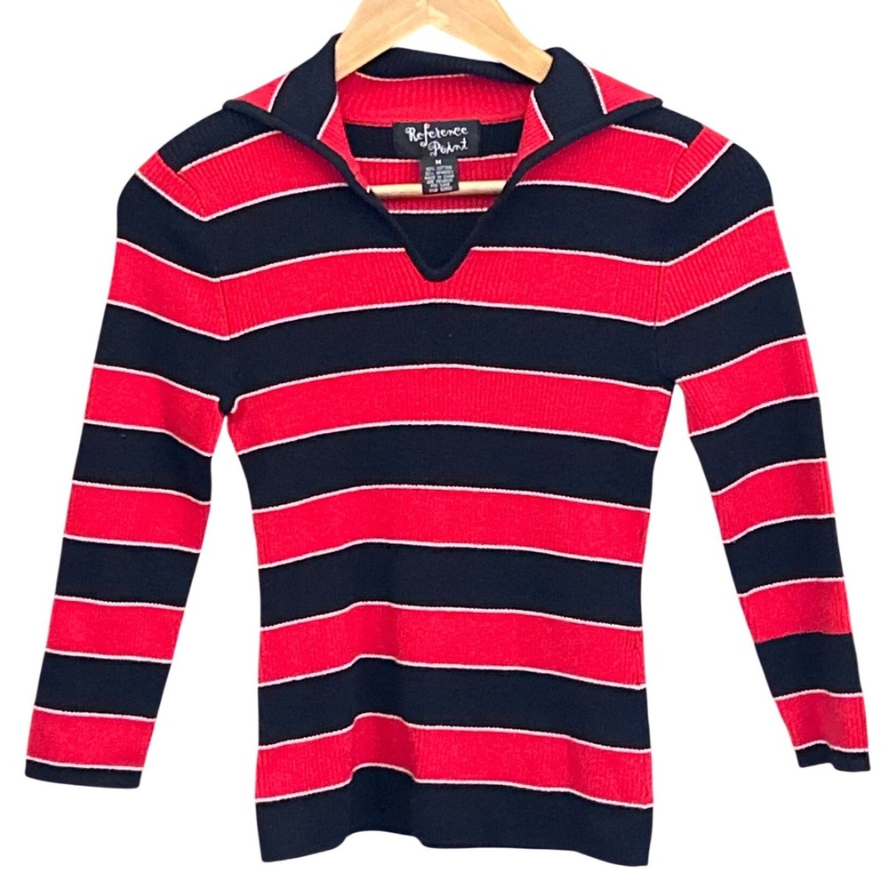 90s Reference Point Striped Sweater Grunge Punk Red Black Ribbed Polo V-Neck M